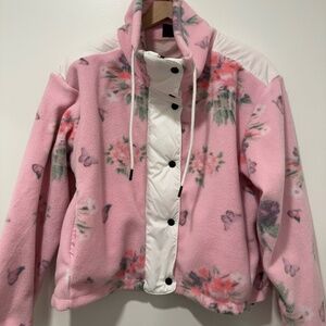 Pink Floral Fleece Ski Jacket with White Trim